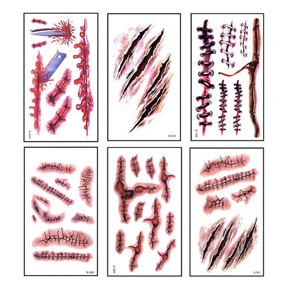 6pcs Halloween Bloody Wound Tattoo Stickers Trick Scary Waterproof Temporary Tattoo DIY Fake Tattoo Halloween Party Decoration