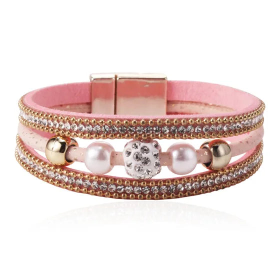 HOCOLE Fashion Gem Rhinestone Magnetic Leather Bracelets & Bangles Bohemian Handmade Multilayer Wrap Jewelry Women Pulseira