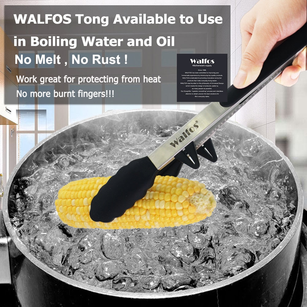 WALFOS  22 CM and 30CM Food Grade 100% Silicone Food Tong Kitchen Tongs Utensil Cooking Tong Clip Clamp Salad Serving BBQ Tools
