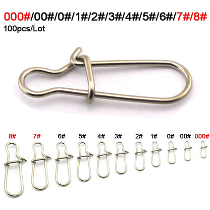 100pcs/Lot Stainless Steel Hook Lock Snap Swivel Solid Rings Safety Snaps Fishing Hooks Connector Fishing Tackle Tool