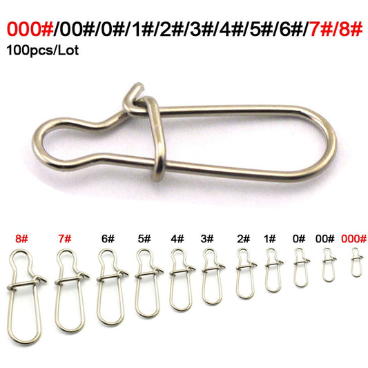 100pcs/Lot Stainless Steel Hook Lock Snap Swivel Solid Rings Safety Snaps Fishing Hooks Connector Fishing Tackle Tool