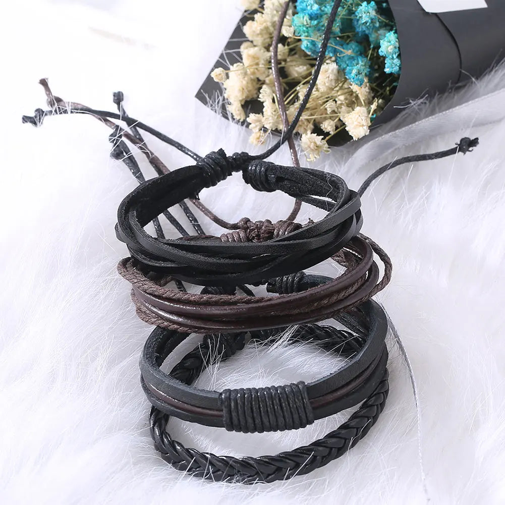 Multilevel Braided Wrap Leather Bracelets for Men Vintage Leather Bracelet Charm Wood Beads Ethnic Wristbands