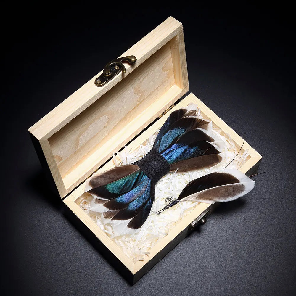 KAMBERFT Design Handmade Feather Bow Tie Brooch Wooden Box Set High Quality Men's Bowtie Leather Tie for Wedding Party Banquet