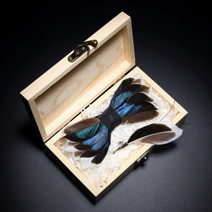 KAMBERFT Design Handmade Feather Bow Tie Brooch Wooden Box Set High Quality Men's Bowtie Leather Tie for Wedding Party Banquet