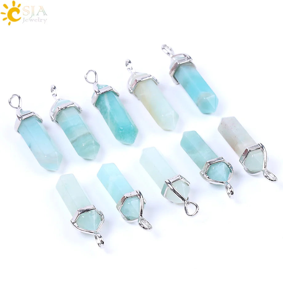 CSJA Hexagonal Column Necklaces Natural Stone Amazonite Pendant Two Sharp Angle Quartz Beads for Women Men Jewelry F185