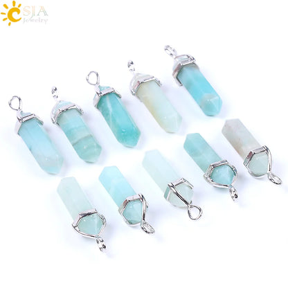 CSJA Hexagonal Column Necklaces Natural Stone Amazonite Pendant Two Sharp Angle Quartz Beads for Women Men Jewelry F185