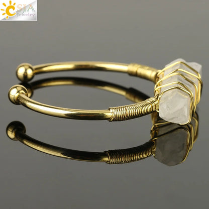 CSJA Natural Stone Clear Quartz Bangles Open Cuff Bracelet Wire Wrap Irregular Crystal Stones Copper Bangle Female Jewelry G168