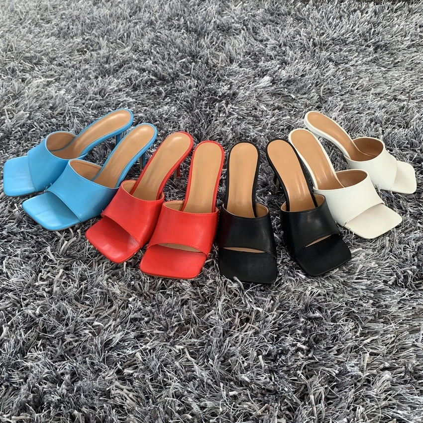 2023 New Summer Women Sandals Square Toe Ladies Heel MulesThin High Heels Sandals Slippers Female Fashion Woman Shoes