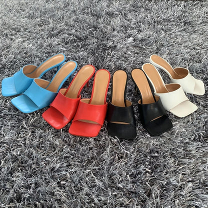 2023 New Summer Women Sandals Square Toe Ladies Heel MulesThin High Heels Sandals Slippers Female Fashion Woman Shoes