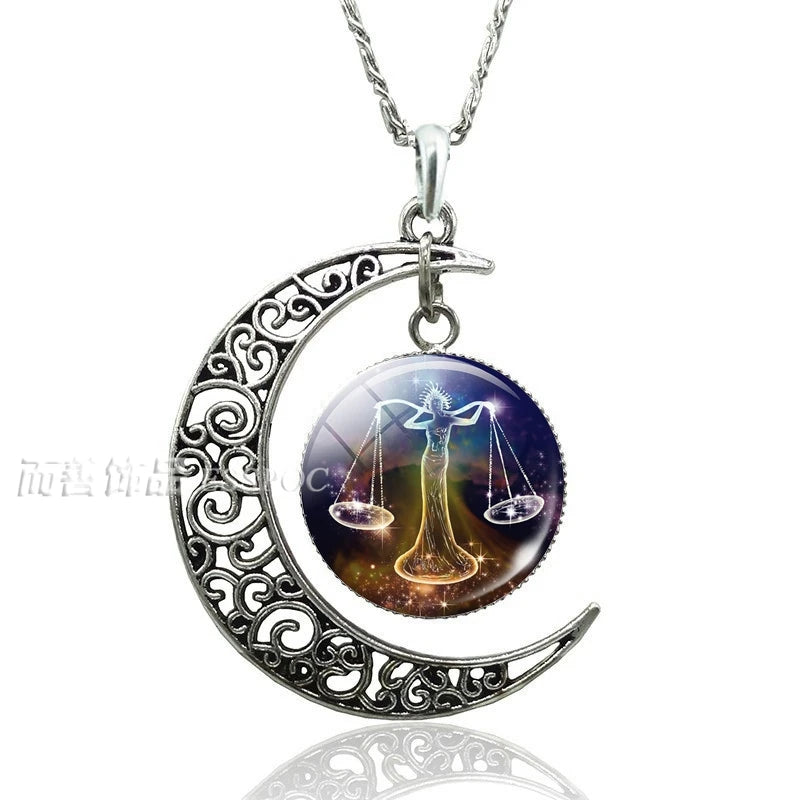 12 Constellation Crescent Moon Necklace Zodiac Sign Glass Jewelry Pendant Aries Gemini Cancer Leo Women Birthday