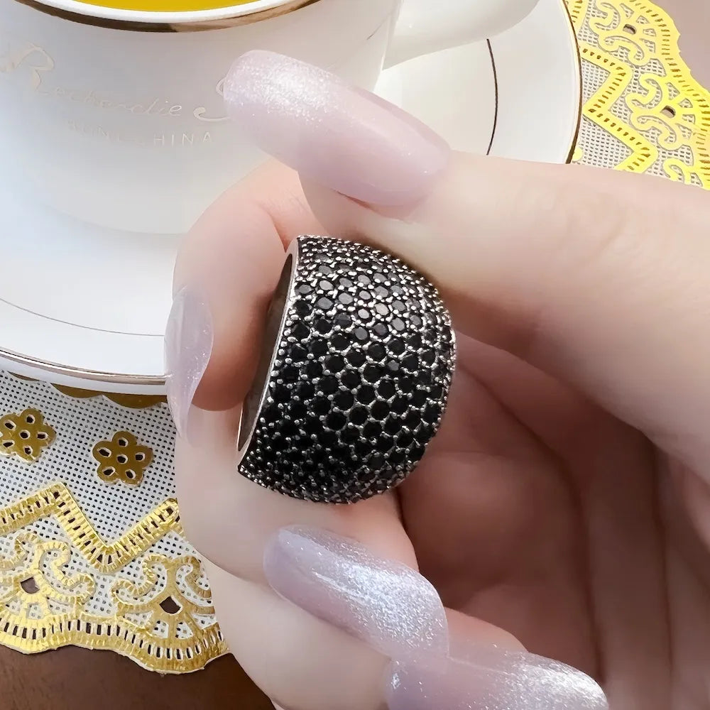 Black Pave Cocktail Ring Europe Style Fine Jewerly for Women Men 2022 Spring Vintage 925 Sterling Silver