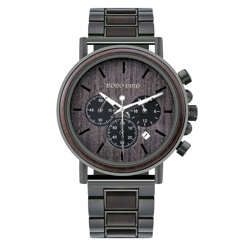 BOBO BIRD Luxury Wood Stainless Steel Men Watch Stylish Wooden Timepieces Chronograph Quartz Watches Relogio Masculino Man