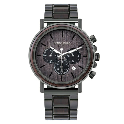 BOBO BIRD Luxury Wood Stainless Steel Men Watch Stylish Wooden Timepieces Chronograph Quartz Watches Relogio Masculino Man