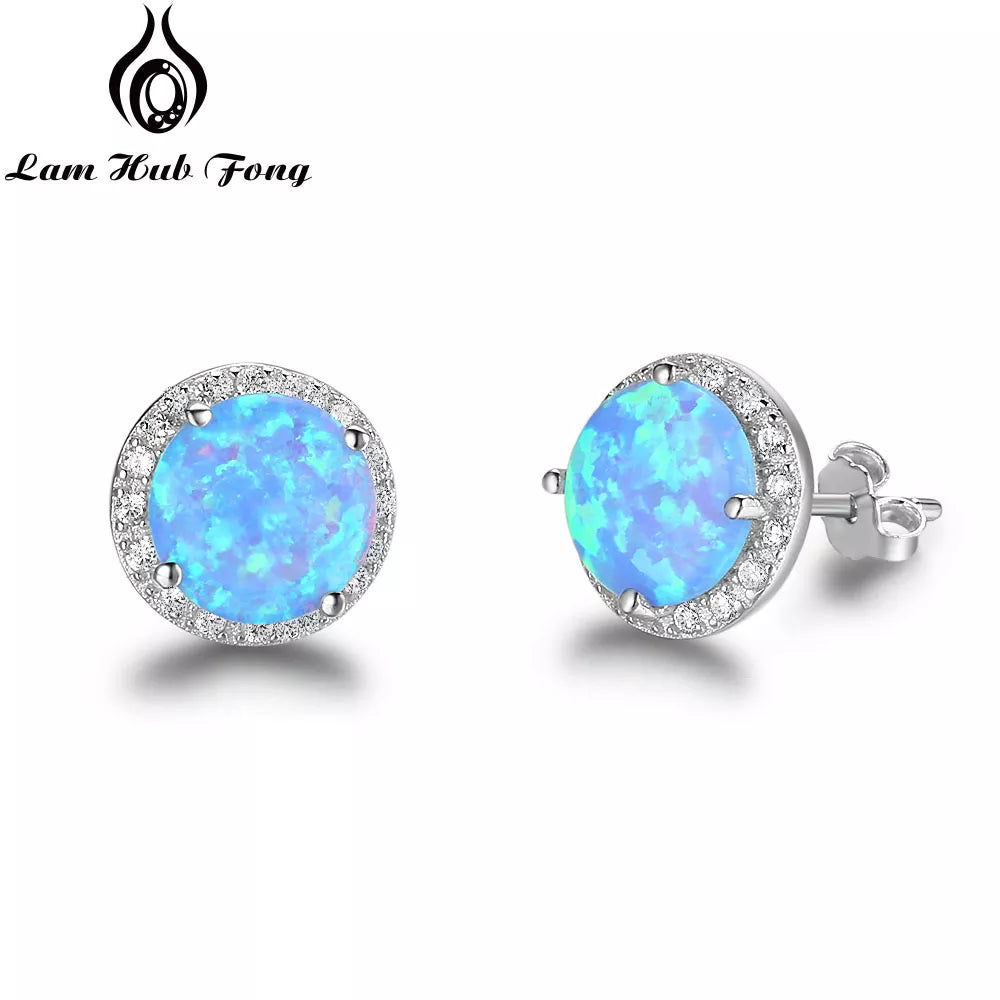 Classic 925 Sterling Silver Stud Earrings Round White Pink Blue Opal Earrings With Cubic Zirconia Jewelry (Lam Hub Fong)