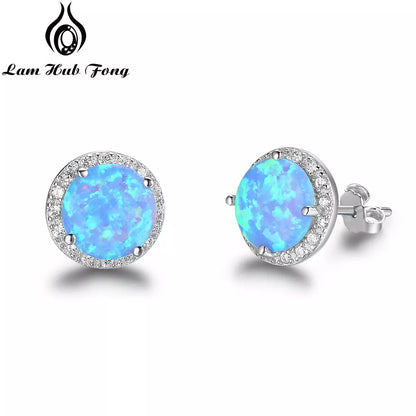 Classic 925 Sterling Silver Stud Earrings Round White Pink Blue Opal Earrings With Cubic Zirconia Jewelry (Lam Hub Fong)