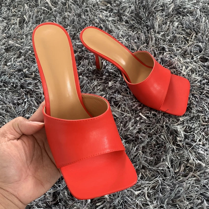 2023 New Summer Women Sandals Square Toe Ladies Heel MulesThin High Heels Sandals Slippers Female Fashion Woman Shoes