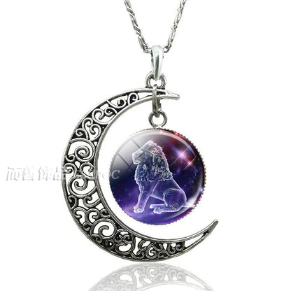 12 Constellation Crescent Moon Necklace Zodiac Sign Glass Jewelry Pendant Aries Gemini Cancer Leo Women Birthday