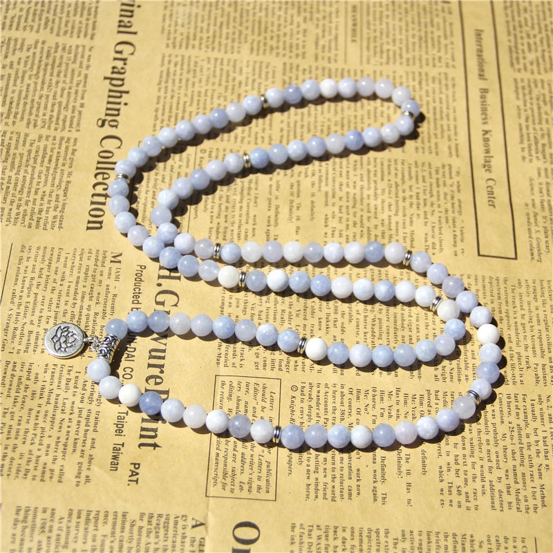 108 Mala Aquamarines With Lotus OM Buddha Charm Yoga Bracelet or Necklace for Me Women Blue Natural Stone Jewelry