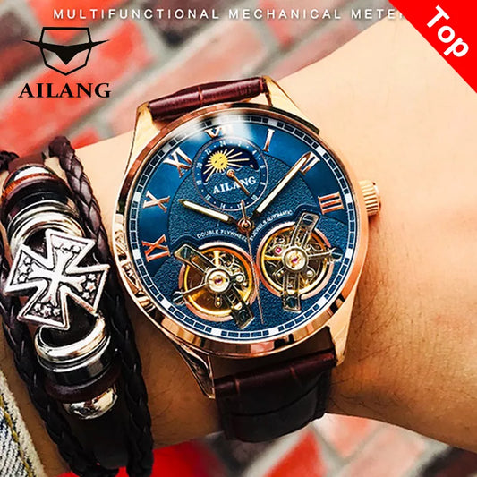 AILANG Original Design Men's Double Flywheel Automatic Mechanical Watch Fashion Leisure Business Luxury Clock