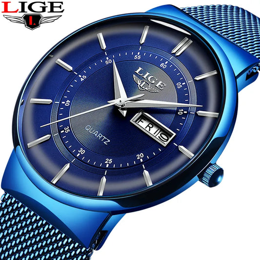 2022 New Blue Quartz Clock LIGE Mens Watches Top Brand Luxury Watch for Men Simple All Steel Waterproof Wrist Watch Reloj Hombre