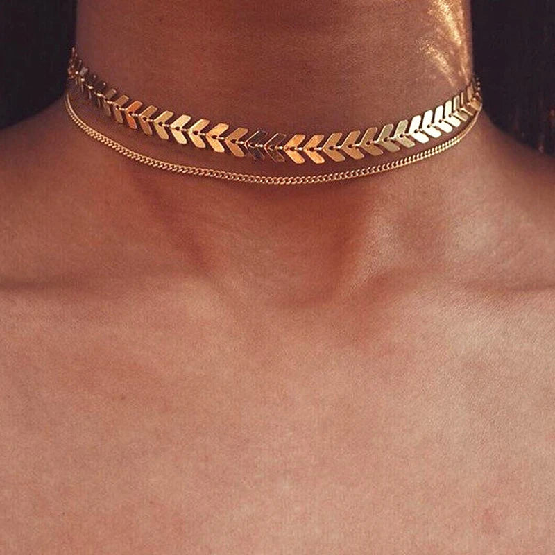 2024 New Chain Choker Two Layers Necklaces Fishbone Airplane Shape Gold Color Necklace Flat Chain Jewelry