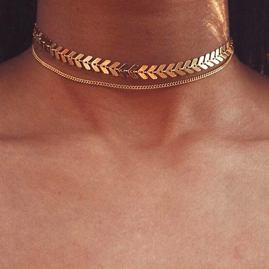 2024 New Chain Choker Two Layers Necklaces Fishbone Airplane Shape Gold Color Necklace Flat Chain Jewelry