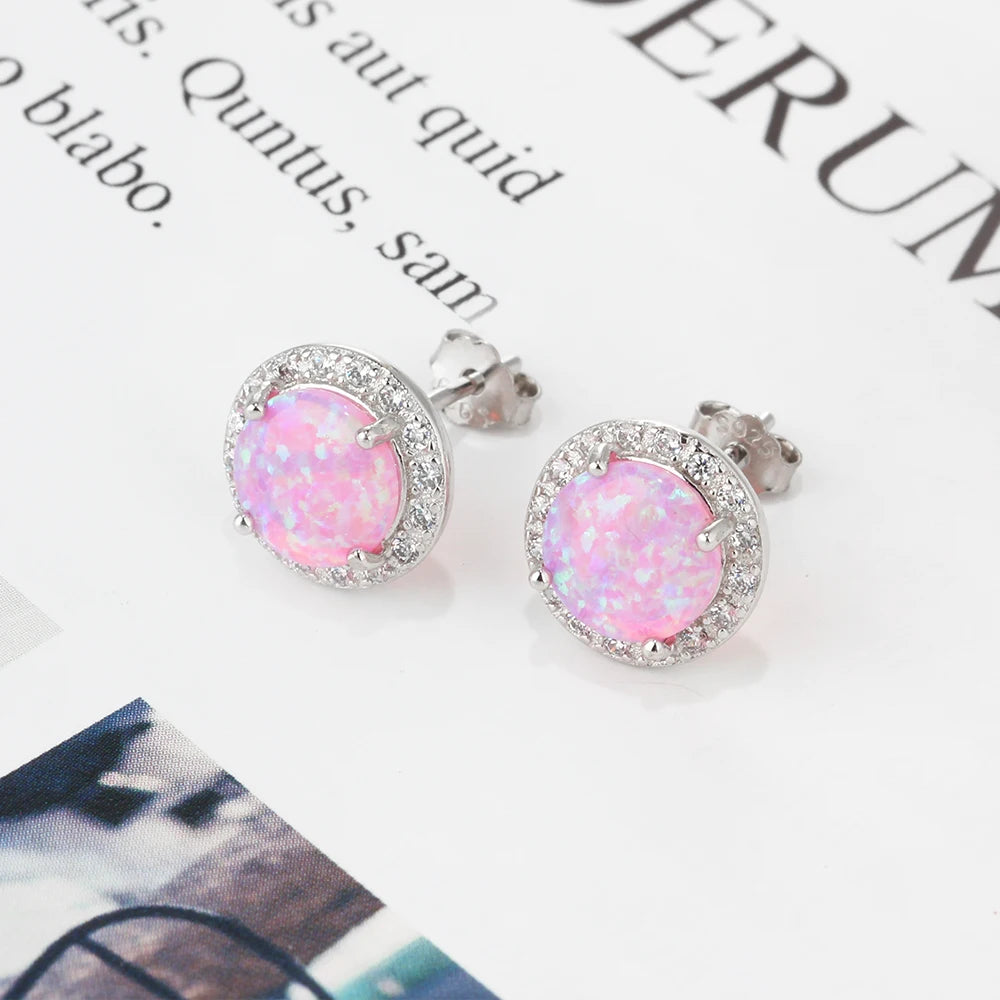 Classic 925 Sterling Silver Stud Earrings Round White Pink Blue Opal Earrings With Cubic Zirconia Jewelry (Lam Hub Fong)