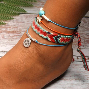 MOON GIRL Handmade Weave Bobo Lotus Anklet Set Fashion Starfish 4 Pieces Bohemian Chic Summer Bracelet Ankle for Women