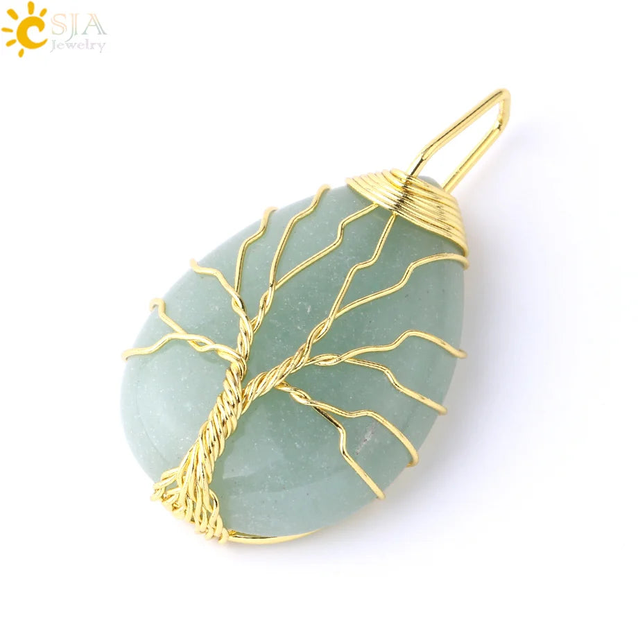 Tiger Eye Tree of Life Crystal Necklace Natural Stone Pendant Wire Wrap Rose Crystals Pink Quartz Amethyst Green Aventurine E585