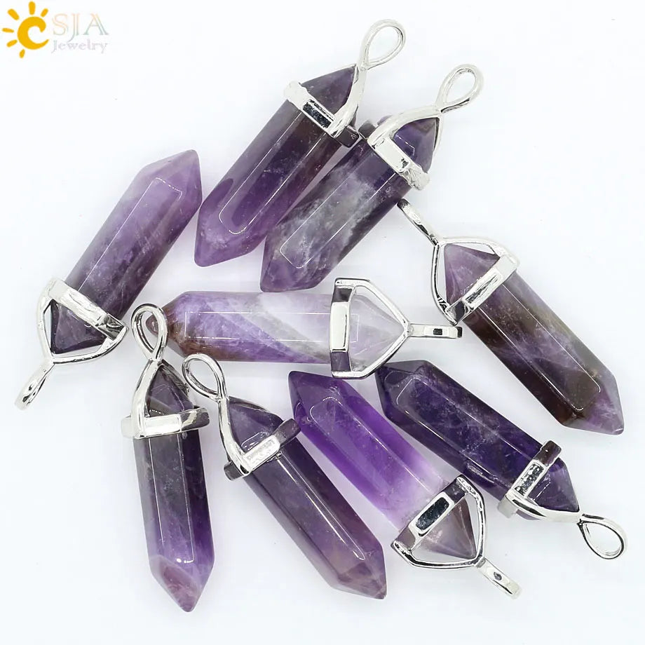 CSJA Bullet Natural Stone Pendant Real Purple Crystal Men Women Chakra Gem Stones Quartz Aventurine Pendants Jewelry  E001