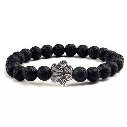 Natural Matte Black Lava Volcanic Stone Paw Print Charm Bracelet Homme Femme Pet Memorial Cat Dog Lovers Jewelry Bracelets