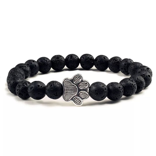 Natural Matte Black Lava Volcanic Stone Paw Print Charm Bracelet Homme Femme Pet Memorial Cat Dog Lovers Jewelry Bracelets