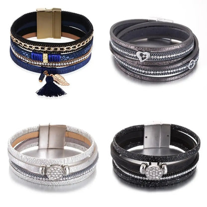 HOCOLE Fashion Gem Rhinestone Magnetic Leather Bracelets & Bangles Bohemian Handmade Multilayer Wrap Jewelry Women Pulseira