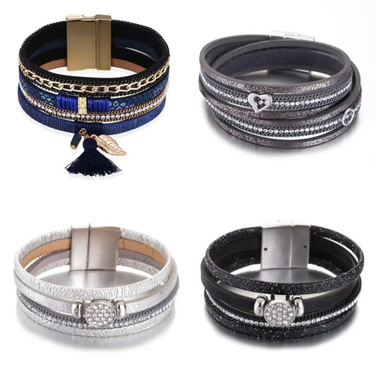 HOCOLE Fashion Gem Rhinestone Magnetic Leather Bracelets & Bangles Bohemian Handmade Multilayer Wrap Jewelry Women Pulseira
