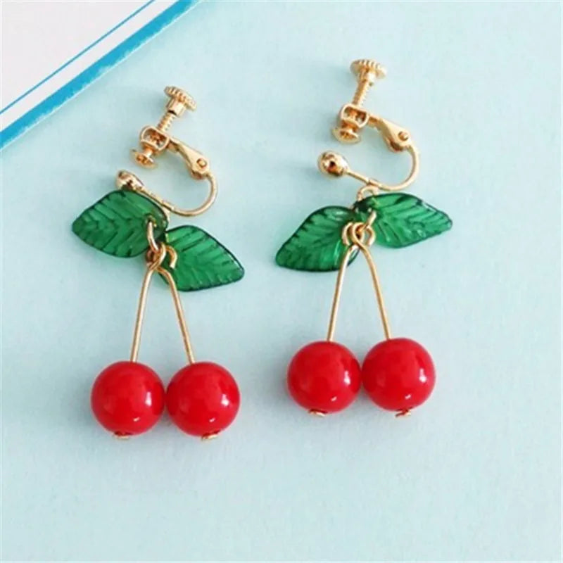 Korean Sweet Youth Girl Student Fruit Cherry Earrings Fresh Simple Cute Women Earrings Ear Clips Banquet Accessories