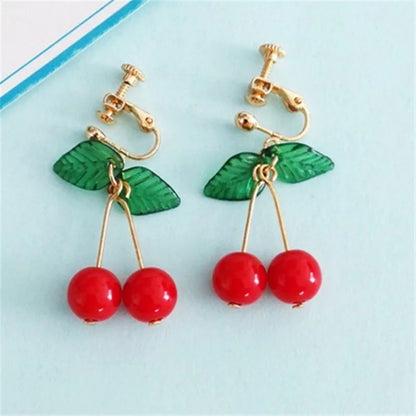 Korean Sweet Youth Girl Student Fruit Cherry Earrings Fresh Simple Cute Women Earrings Ear Clips Banquet Accessories