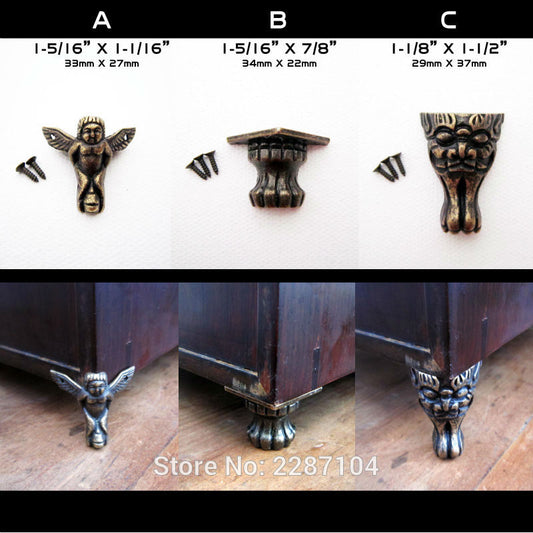 4pcs Decorative Antique Brass Vintage Angel Face Cheetah Jewelry Chest Box Wood Furniture Feet Leg Corner Protector Screw