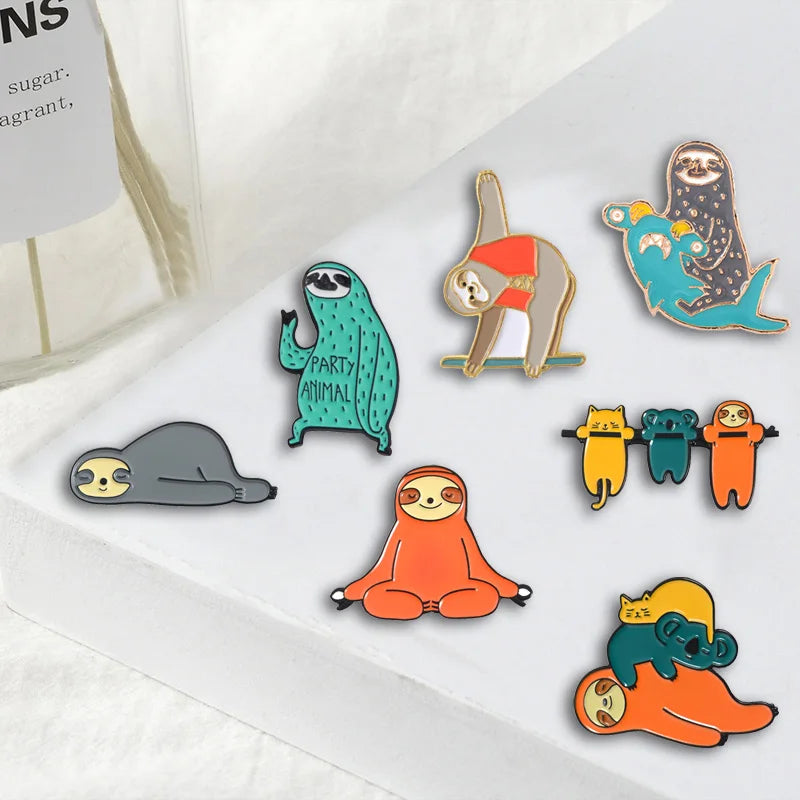 Funny Sloth Series Badges Brooches Cute Nickname Flash Denim Enamel Lapel Pins for Kids Fans Friends Jewelry