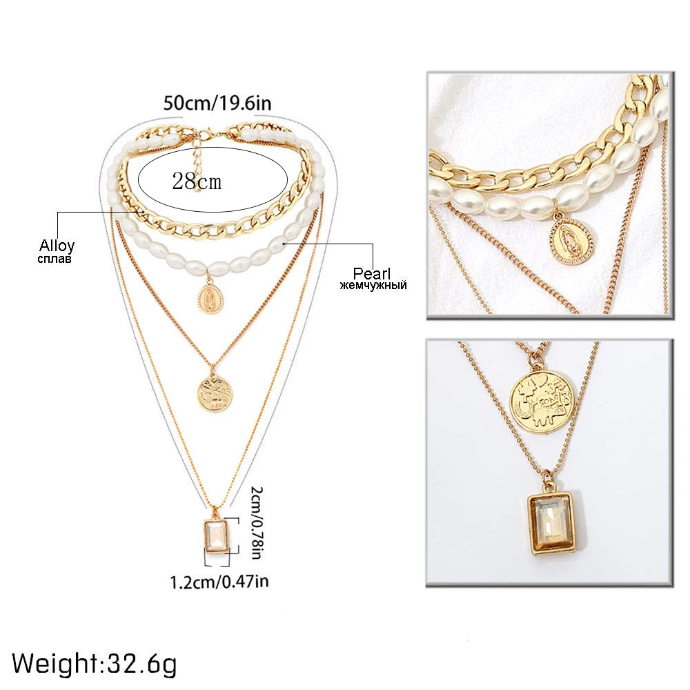 IngeSight.Z Punk Multi Layered Imitation Pearl Choker Necklace Collar Virgin Mary Coin Crystal Pendant Neck Women Jewelry