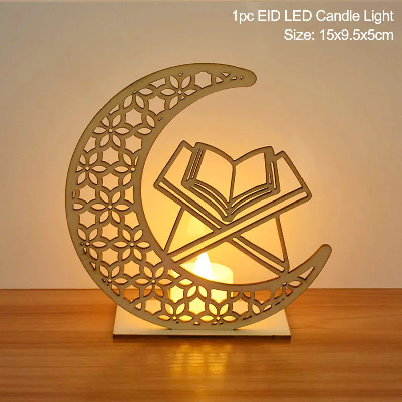 EID Mubarak Wooden Pendant With LED Candles Light Ramadan Decorations for Home Islamic Muslim Party Eid Decor Kareem Ramadan