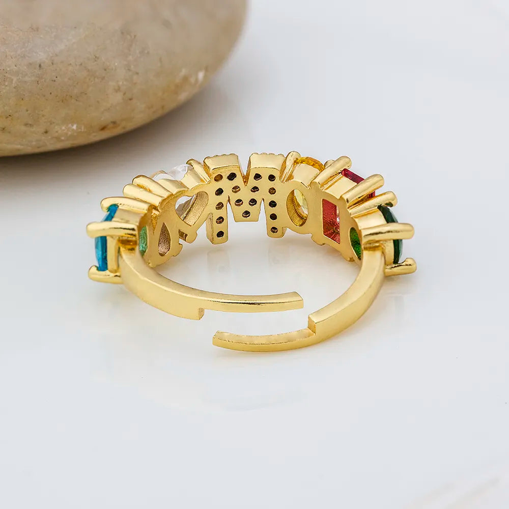 Adjustable A-Z Initial Ring Bohemian Copper Zircon  Rainbow Letter Rings for Women Girls Party Wedding Jewelry