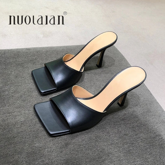 2023 New Summer Women Sandals Square Toe Ladies Heel MulesThin High Heels Sandals Slippers Female Fashion Woman Shoes