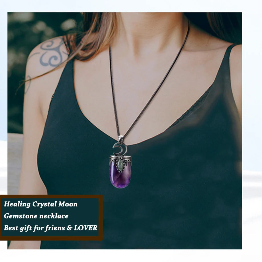 CSJA Natural Stone Crystal Pendants Necklace Antique Silver Color Purple Pink Quartz Necklace Jewelry Crown Moon Charm G274