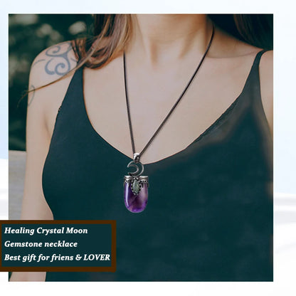 CSJA Natural Stone Crystal Pendants Necklace Antique Silver Color Purple Pink Quartz Necklace Jewelry Crown Moon Charm G274