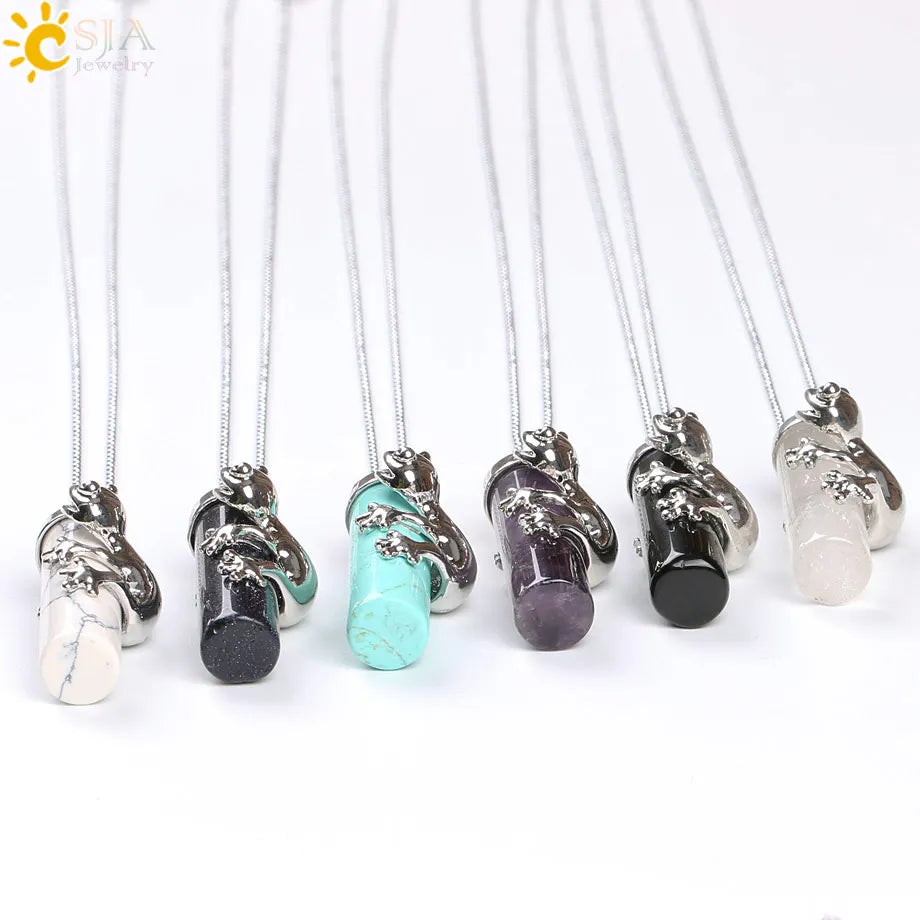 CSJA Pink Quartz Gem Power Statement Necklace Male Female Jewelry Natural Gem Stone Pendant Lovely Frog Jewellery E184