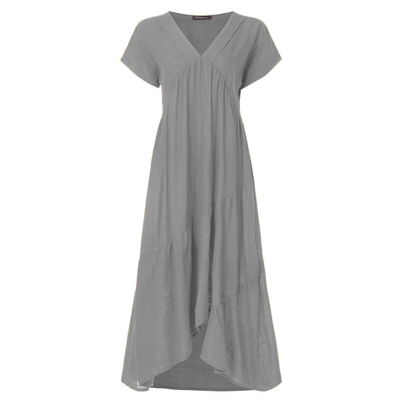 Bohemian Summer Womens Sundress ZANZEA Fashion v Neck Midi Vestidos Female Solid Ruffle Dresses Asymmetrical Robe