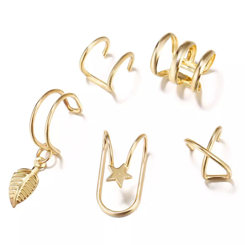 5Pcs/Set Stainless Steel C Shape Cross Clip Ear Cuffs Leaf Ear Clip Earrings for Women No Piercing Fake Cartilage Earring