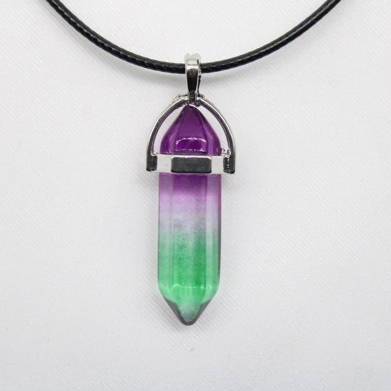 1PCS Natural Stone Quartz Crystal Opal Agates Hexagonal Column Pendulum Pendant Leather Chains Necklace Fashion Charms Pendant