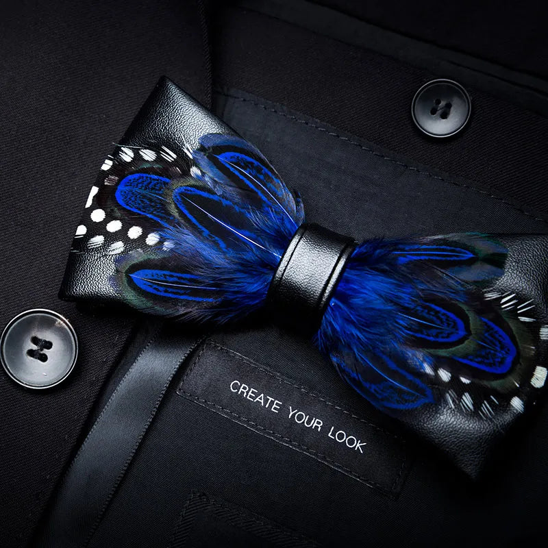 KAMBERFT Designer Brand Handmade Feather and Leather Pre-Tied Bow Tie and Brooch Sets for Men Wedding Party Best Cravate