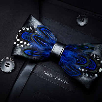 KAMBERFT Designer Brand Handmade Feather and Leather Pre-Tied Bow Tie and Brooch Sets for Men Wedding Party Best Cravate